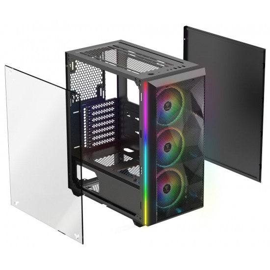 Gamdias ATHENA M2 Tempered Glass Gaming Case / Asymmetry Mesh Design / 3 Built-in 120mm Trio Rings ARGB Fans / Easily Switch RGB Streaming Lighting Style / ARGB Sync Via Motherboard / Seamless Tempered Glass Window / Magnetic Dust Filter / Power Cover Des
